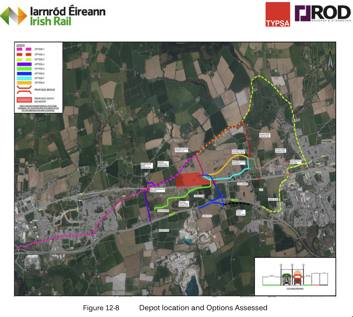 All eight depot access road options shown on aerial map — click to enlarge
